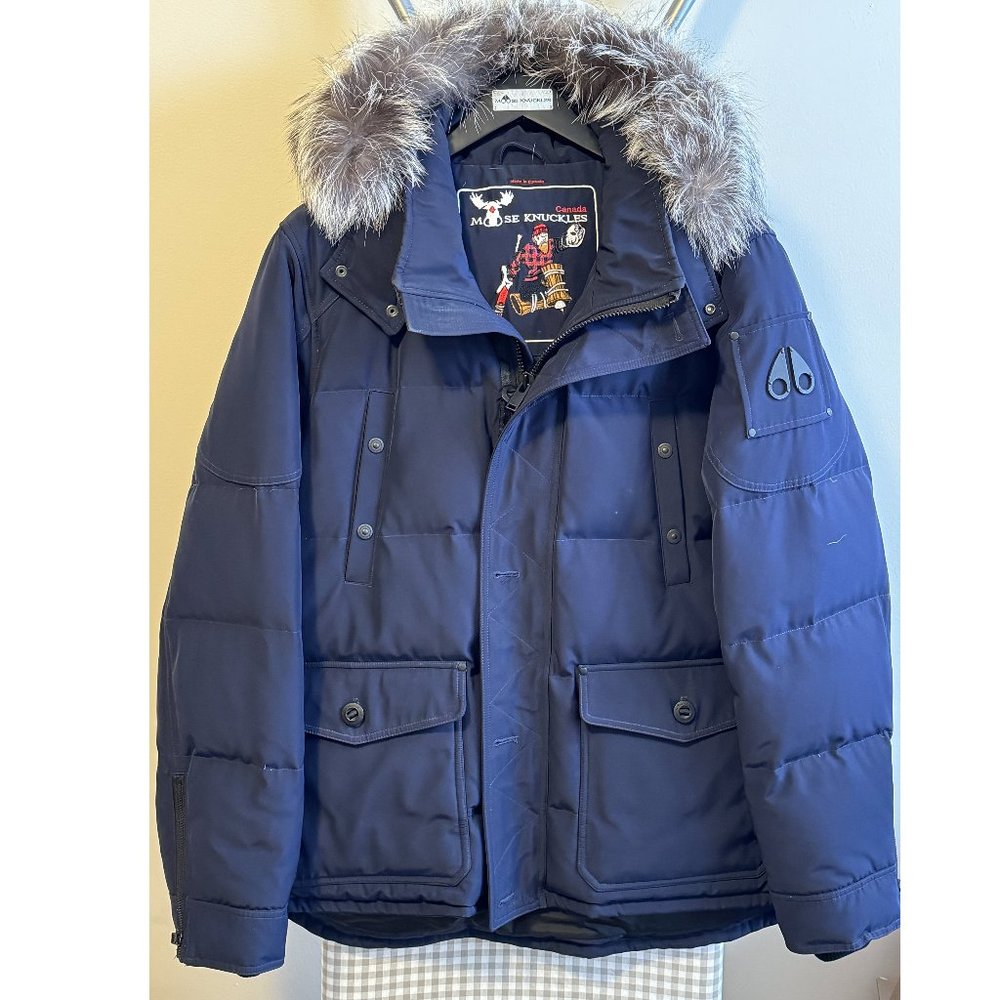 Moose Knuckles Algonquin Blue Fox Fur-Trimmed Jacket - Brand New - Mens